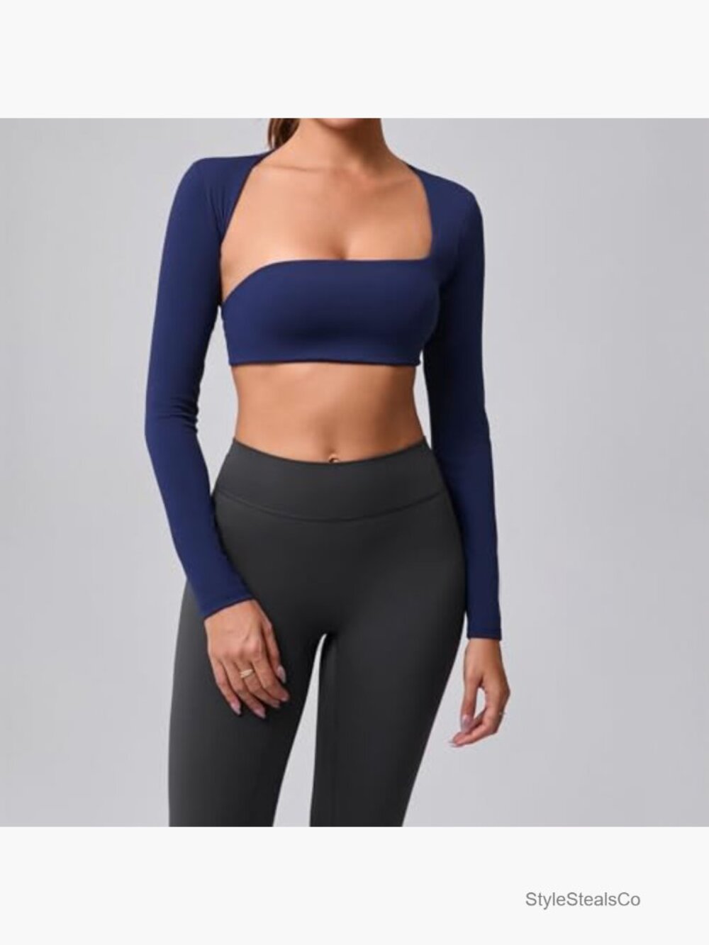 Square Neck Long Sleeve Crop Top with Built in Bra Cutout Back - Picture 3 of 7